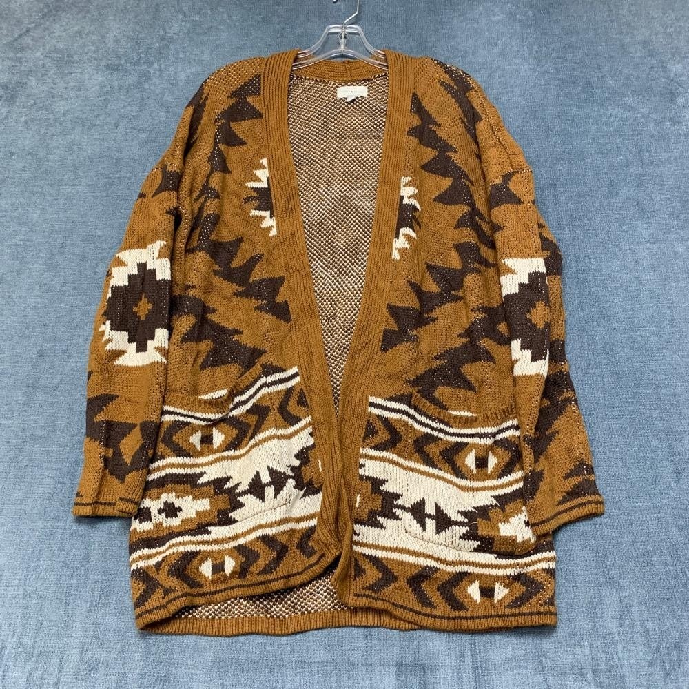 Lucky Brand Cardigan Sweater Womens M Brown Aztec Print Tight Knit Open Front